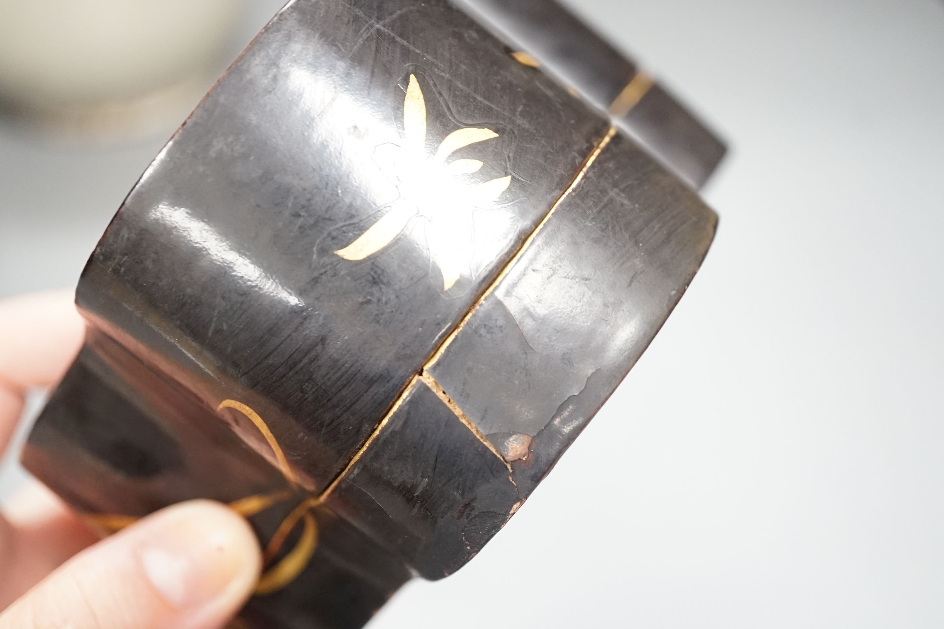 A Chinese Qingbai type bowl, a Ding type jar and a Japanese lacquer box, tallest 15cm
